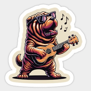 Dog Playing Guitar Chinese Shar Pei Dog Funny Sticker